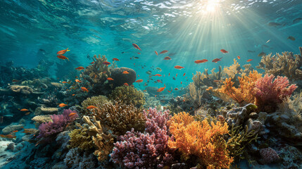 Fototapeta premium Vibrant coral reef underwater with fish and clear turquoise water. A perfect scene for marine life, biodiversity, travel, and ocean preservation visuals.