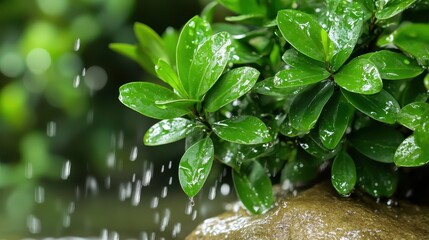 Fresh Green Leaves with Raindrops on a Stone Background