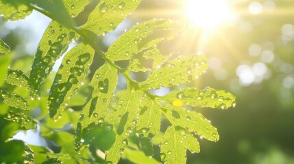 Fresh Green Leaves with Sunlight and Water Droplets in Nature