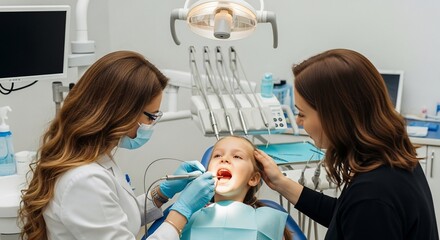 Realistic Photography of a dentist in a mask and gloves examining a young kid's teeth in a modern dental office with equipment and an X-ray screen. Ideal for pediatric dentistry themes