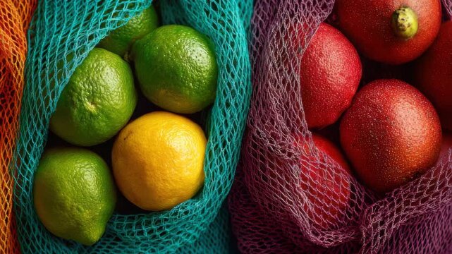 Colorful Citrus Fruits and Red Berries in Mesh Bags
