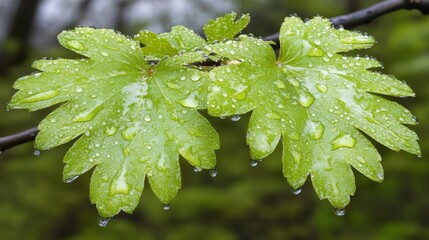 Fresh Green Leaves with Water Droplets Glistening in Nature