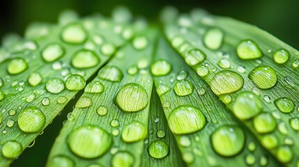 Fresh Green Leaves with Water Droplets in Macro Photography