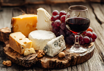 Assorted cheeses with grapes and a glass of red wine on a rustic wooden board