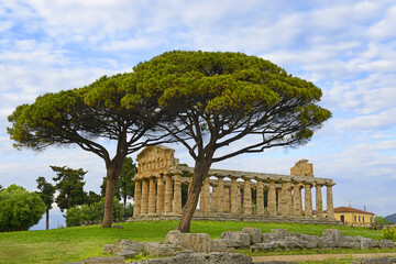 Temple of Athena or Temple of Ceres in Paestum, Greek temple of Magna Graecia, ruins of the ancient...