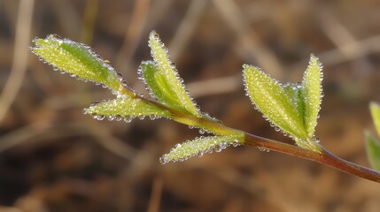 Fresh Green Leaves with Water Droplets on a Branch in Nature