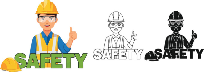 Safety first construction worker vector illustration promoting workplace safety and health tips editable