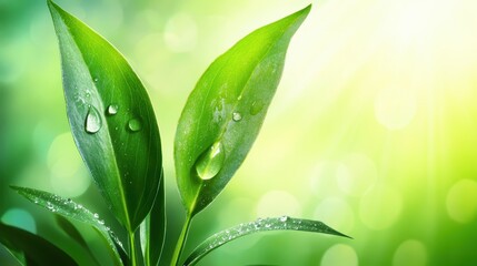 Fresh Green Leaves with Water Droplets on a Bright Background