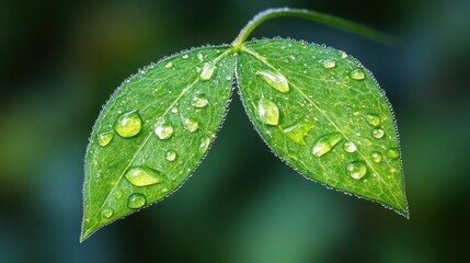 Fresh Green Leaves with Water Droplets on Natural Background