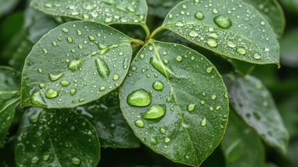 Fresh Green Leaves with Water Drops Glistening in Natural Light