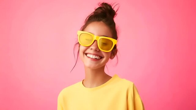 Beautiful young woman in yellow sunglasses looks at the camera with a joyful smile while dancing in a trendy pink studio, creating a dynamic and carefree energy.beautiful model danci ng