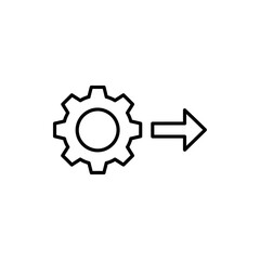 A simple line drawing of a gear and an arrow pointing to the right on a white background space