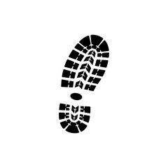 A black and white image showing a single footprint with a distinct tread pattern on a white background