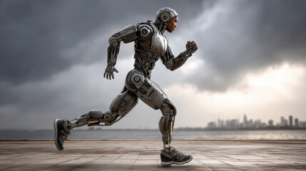 Futuristic human-like robot running on city waterfront under cloudy sky, concept of future