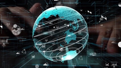 This digital artwork depicts a globe surrounded by data streams and graphical elements, illustrating global connectivity and technological innovation in today world. Xenic