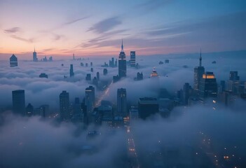 Fototapeta premium City skyline emerges through a blanket of fog at dawn illuminating urban beauty in soft hues of blue and orange