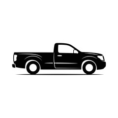 A black silhouette of a single cab pickup truck with a short bed on a white background side view design