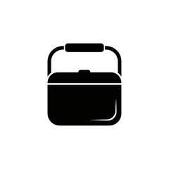 A black and white graphic of a rectangular cooler with a handle on a white background design element
