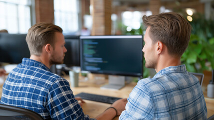 Developers Reviewing Code in Loft Office with Dual Monitors