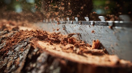 Chainsaw blade cutting through fresh pine bark with wood chips