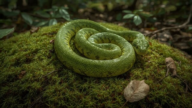 Brightly colored snake coiled on fresh green grass in natural light