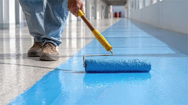 Worker painting floor with blue epoxy coating using roller for smooth finish