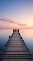 Obraz premium Serene Pier Perspective A Calm Sea Reflecting the Sky at Sunset, Offering Tranquility and Coastal Beauty