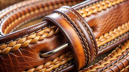 Obraz premium Photo of closeup of a detailed brown leather belt with intricate braiding and stitching