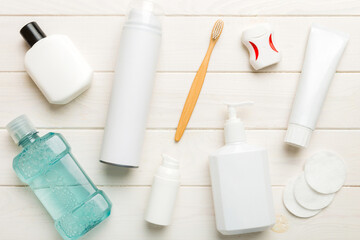 Mockup for bathing products top view flat lay, spa razor, toothpaste, soap, gel and other various accessories. Cosmetics for skin health. Bath Mockup for your logo