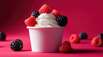 White cup of frozen yogurt topped with raspberries and blackberries.