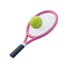 Bright 3D tennis racket with green ball on white background for sports enthusiasts and players