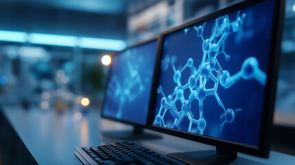 Futuristic Molecular Modeling in High-Tech Biotech Lab at Night