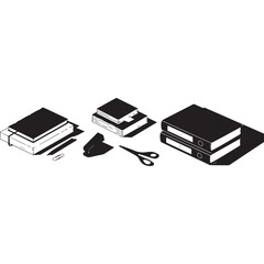 Black pile of books, laptop, and digital data storage on office desk