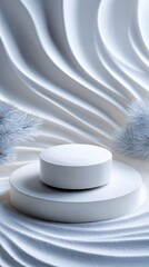 White pedestal display on a wavy surface with delicate frost-like accents.