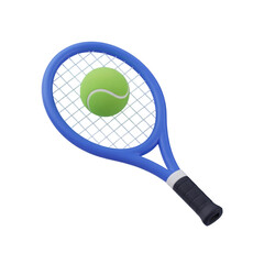 Blue tennis racket with green tennis ball for sports equipment isolated on black background