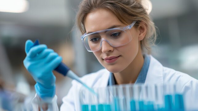Young Female Scientist Pipetting Reagent in Clinical Lab