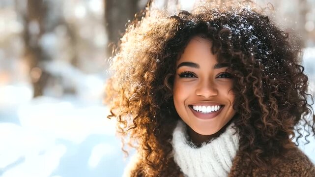 Happy young African American woman with voluminous curly hair beams at the camera, her snow-white smile shining as she poses in the fresh air sn owing