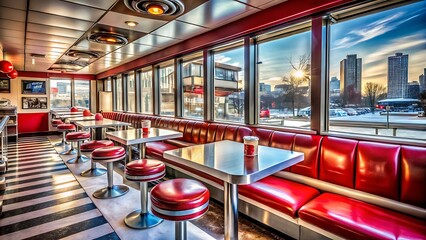 Photo of a retro diner interior with red leather booths and tables, overlooking a city skyline at sunset