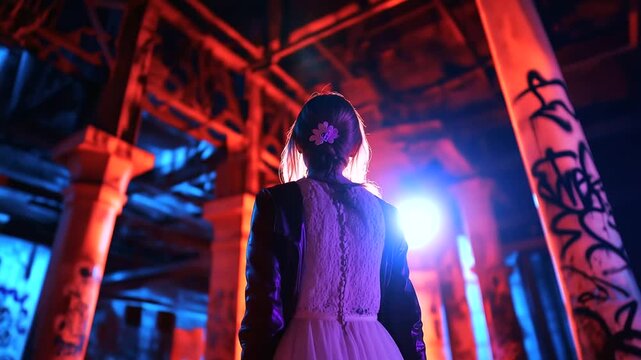 irl in a wedding dress with a leather jacket and dramatic skull makeup stands tall in an eerie, decaying train station. Graffiti-covered pillars surround her, completing the