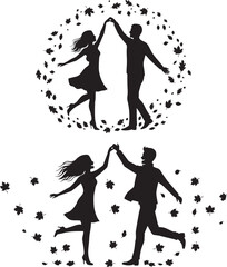Obraz premium Couple dancing joyfully surrounded by falling leaves silhouette