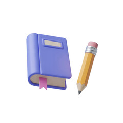Blue notebook and yellow pencil 3d illustration for education and writing concept creativity