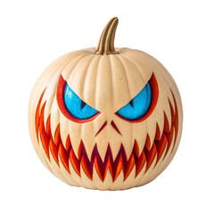 carved Halloween pumpkin with glowing blue eyes and sharp red teeth on dark background for spooky autumn decoration