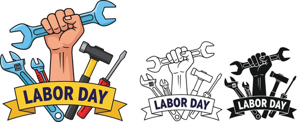 Labor day vector illustration with hand holding wrench and tools for holiday celebration editable
