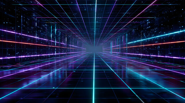 Futuristic Neon Grid Cyberpunk Corridor, 80s Retro Sci-Fi Vibe