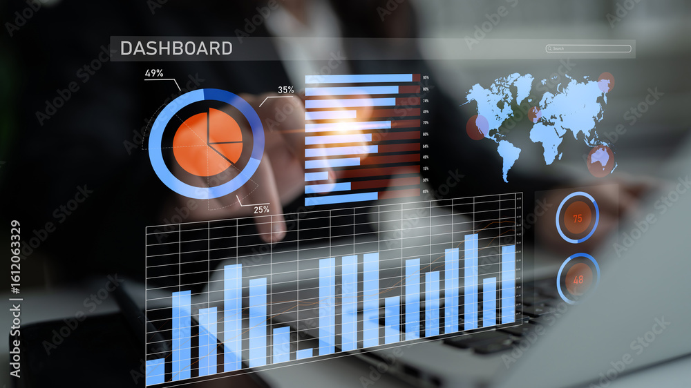Poster a modern data visualization dashboard showcasing various graphs and charts along with a world map, r