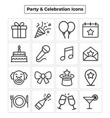 Party and Celebration Line Icons &ndash; Birthday, Music, Invitation, and Festive Elements