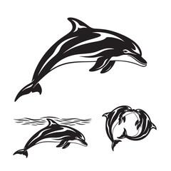 Set of 3 Stylized Dolphin Silhouettes as Ocean Mammal Icons