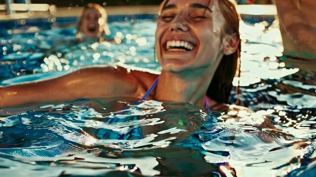 Joyful summer pool scene with friends laughing, captured at eye level. The video style emphasizes fun and carefree moments in the sun.