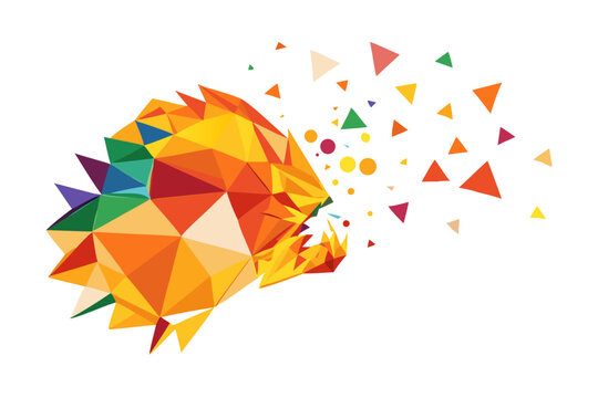 Geometric lion head exploding into colorful triangles and circles