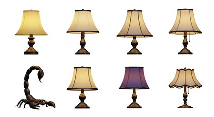 Collection of different table lamps and a scorpion on white background